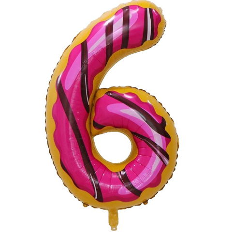 Cifre - Balon din Folie Metalizata Flippy, Figurina Cifra, Imprimeu Gogosi, Tema Aniversare 100 cm, Ambalaj Individual, Pai inclus, Umflare cu Aer sau Heliu, Multicolor, Cifra 6