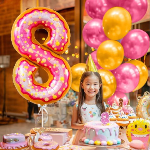 Cifre - Balon din Folie Metalizata Flippy, Figurina Cifra, Imprimeu Gogosi, Tema Aniversare 100 cm, Ambalaj Individual, Pai inclus, Umflare cu Aer sau Heliu, Multicolor, Cifra 8