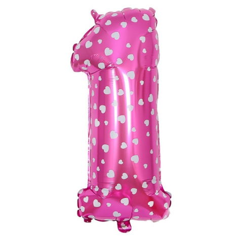 Cifre - Balon din Folie Metalizata Flippy, Figurina Cifra, Imprimeu Inimi, Tema Aniversare 80 cm, Ambalaj Individual, Pai inclus, Umflare cu Aer sau Heliu, Roz, Cifra 1