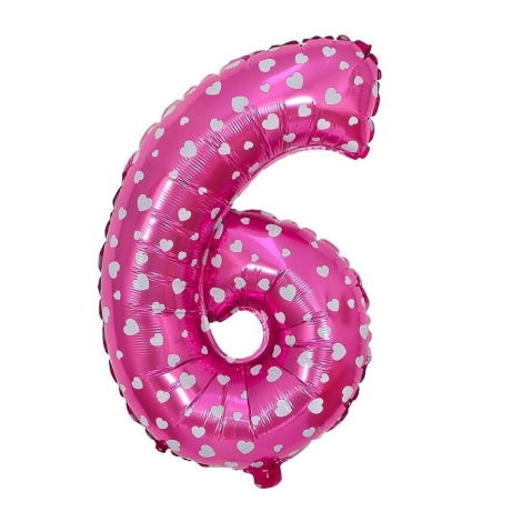 Cifre - Balon din Folie Metalizata Flippy, Figurina Cifra, Imprimeu Inimi, Tema Aniversare 80 cm, Ambalaj Individual, Pai inclus, Umflare cu Aer sau Heliu, Roz, Cifra 6