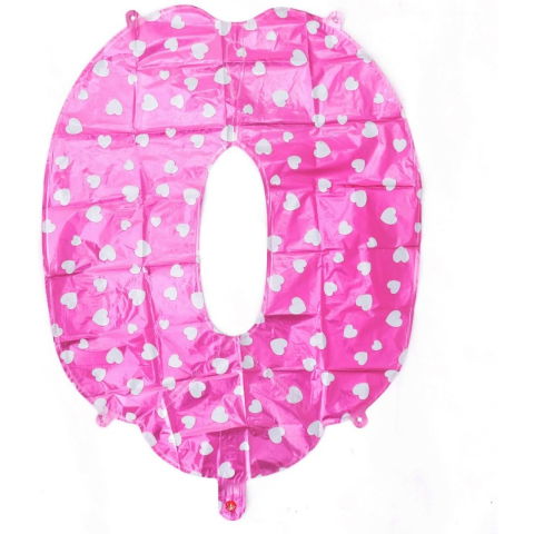 Cifre - Balon din Folie Metalizata Flippy, Figurina Cifra, Imprimeu Inimi, Tema Aniversare 80 cm, Ambalaj Individual, Pai inclus, Umflare cu Aer sau Heliu, Roz, Cifra 0