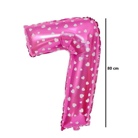 Cifre - Balon din Folie Metalizata Flippy, Figurina Cifra, Imprimeu Inimi, Tema Aniversare 80 cm, Ambalaj Individual, Pai inclus, Umflare cu Aer sau Heliu, Roz, Cifra 7