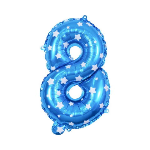 Cifre - Balon din Folie Metalizata Flippy, Figurina Cifra, Imprimeu Stele, Tema Aniversare 80 cm, Ambalaj Individual, Pai inclus, Umflare cu Aer sau Heliu, Albastru, Cifra 8