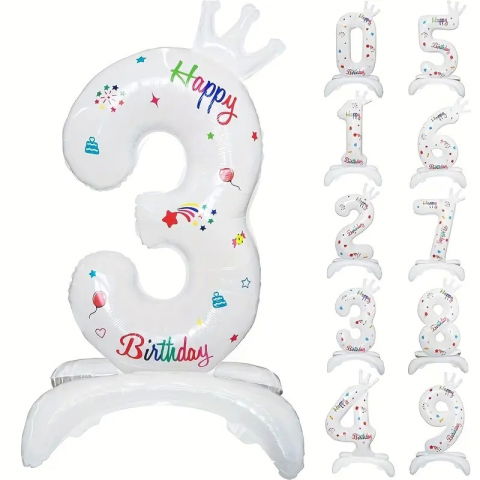 Cifre - Balon din Folie Metalizata, Flippy, Figurina Cifra, Model 3 cu Happy Birthday Scris, Tema Aniversare 81 cm, Ambalaj Individual, Pai Inclus, Umflare cu Aer sau Heliu, Alb