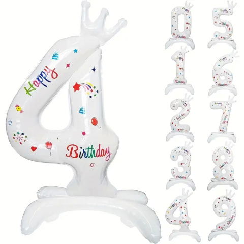 Cifre - Balon din Folie Metalizata, Flippy, Figurina Cifra, Model 4 cu Happy Birthday Scris, Tema Aniversare 81 cm, Ambalaj Individual, Pai Inclus, Umflare cu Aer sau Heliu, Alb