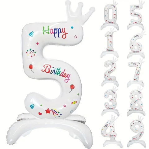 Cifre - Balon din Folie Metalizata, Flippy, Figurina Cifra, Model 5 cu Happy Birthday Scris, Tema Aniversare 81 cm, Ambalaj Individual, Pai Inclus, Umflare cu Aer sau Heliu, Alb