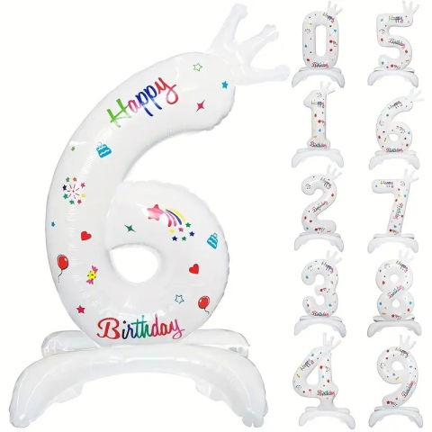 Cifre - Balon din Folie Metalizata, Flippy, Figurina Cifra, Model 6 cu Happy Birthday Scris, Tema Aniversare 81 cm, Ambalaj Individual, Pai Inclus, Umflare cu Aer sau Heliu, Alb