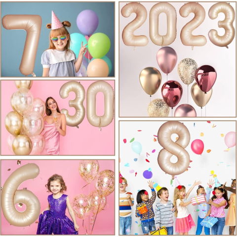 Cifre - Balon din Folie Metalizata, Flippy, Figurina Cifra, Model 6, Tema Aniversare 100 cm, Ambalaj Individual, Pai Inclus, Umflare cu Aer sau Heliu, Crem