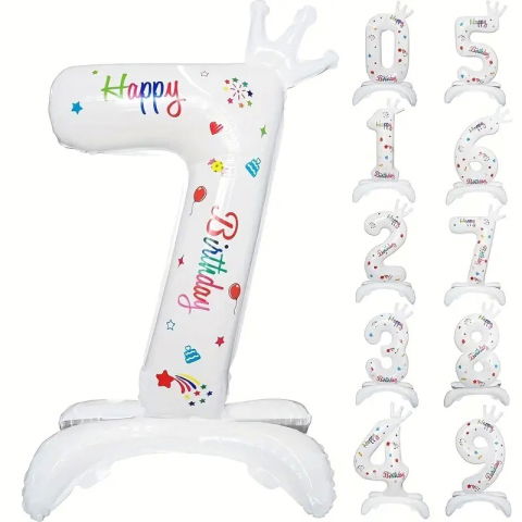 Cifre - Balon din Folie Metalizata, Flippy, Figurina Cifra, Model 7 cu Happy Birthday Scris, Tema Aniversare 81 cm, Ambalaj Individual, Pai Inclus, Umflare cu Aer sau Heliu, Alb