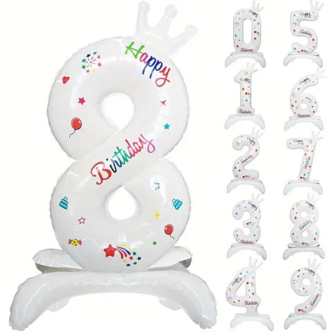 Cifre - Balon din Folie Metalizata, Flippy, Figurina Cifra, Model 8 cu Happy Birthday Scris, Tema Aniversare 81 cm, Ambalaj Individual, Pai Inclus, Umflare cu Aer sau Heliu, Alb