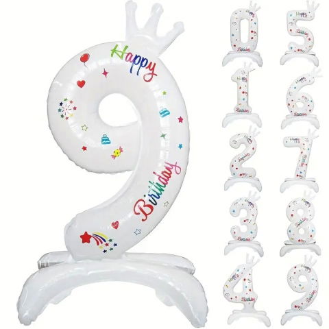 Cifre - Balon din Folie Metalizata, Flippy, Figurina Cifra, Model 9 cu Happy Birthday Scris, Tema Aniversare 81 cm, Ambalaj Individual, Pai Inclus, Umflare cu Aer sau Heliu, Alb