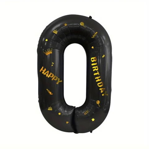 Cifre - Balon din Folie Metalizata Flippy, Figurina Cifra, Scris Happy Birthday, Tema Aniversare 100 cm, Ambalaj Individual, Pai inclus, Umflare cu Aer sau Heliu, Negru, Cifra 0