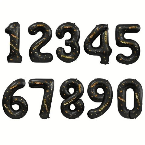 Cifre - Balon din Folie Metalizata Flippy, Figurina Cifra, Scris Happy Birthday, Tema Aniversare 100 cm, Ambalaj Individual, Pai inclus, Umflare cu Aer sau Heliu, Negru, Cifra 3