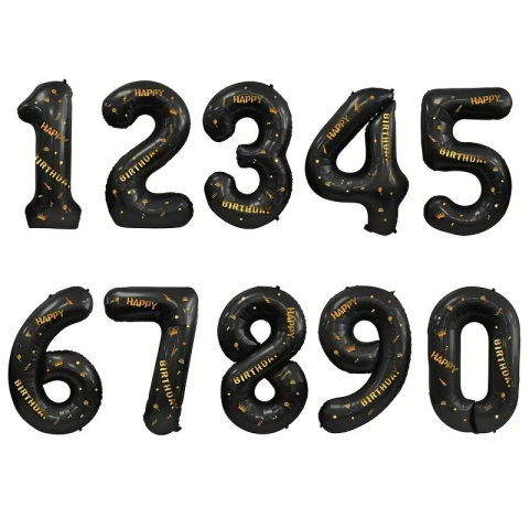 Cifre - Balon din Folie Metalizata Flippy, Figurina Cifra, Scris Happy Birthday, Tema Aniversare 100 cm, Ambalaj Individual, Pai inclus, Umflare cu Aer sau Heliu, Negru, Cifra 4