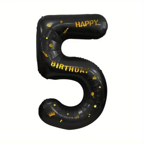 Cifre - Balon din Folie Metalizata Flippy, Figurina Cifra, Scris Happy Birthday, Tema Aniversare 100 cm, Ambalaj Individual, Pai inclus, Umflare cu Aer sau Heliu, Negru, Cifra 5