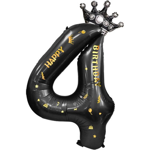 Cifre - Balon din Folie Metalizata Flippy, Figurina Cifra si Coroana, Scris Happy Birthday, Tema Aniversare 100 cm, Ambalaj Individual, Pai inclus, Umflare cu Aer sau Heliu, Negru, Cifra 4