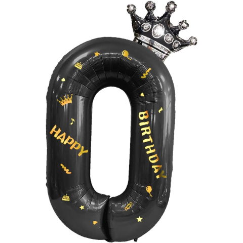 Cifre - Balon din Folie Metalizata Flippy, Figurina Cifra si Coroana, Scris Happy Birthday, Tema Aniversare 100 cm, Ambalaj Individual, Pai inclus, Umflare cu Aer sau Heliu, Negru, Cifra 0