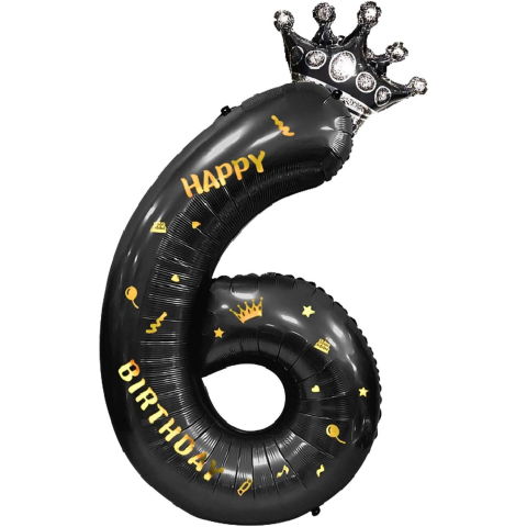 Cifre - Balon din Folie Metalizata Flippy, Figurina Cifra si Coroana, Scris Happy Birthday, Tema Aniversare 100 cm, Ambalaj Individual, Pai inclus, Umflare cu Aer sau Heliu, Negru, Cifra 6
