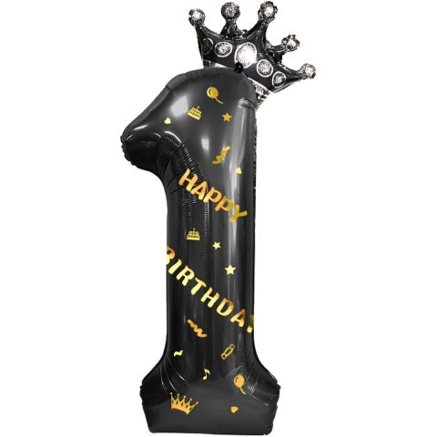 Cifre - Balon din Folie Metalizata Flippy, Figurina Cifra si Coroana, Scris Happy Birthday, Tema Aniversare 100 cm, Ambalaj Individual, Pai inclus, Umflare cu Aer sau Heliu, Negru, Cifra 1