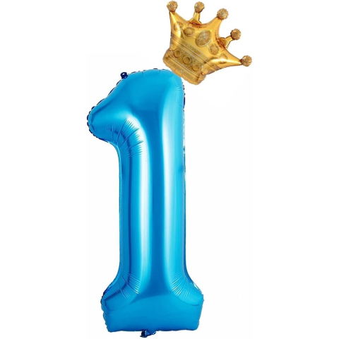Cifre - Balon din Folie Metalizata Flippy, Figurina Cifra si Coroana, Tema Aniversare 100 cm, Ambalaj Individual, Pai inclus, Umflare cu Aer sau Heliu, Albastru, Cifra 1