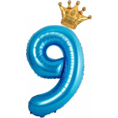Cifre - Balon din Folie Metalizata Flippy, Figurina Cifra si Coroana, Tema Aniversare 100 cm, Ambalaj Individual, Pai inclus, Umflare cu Aer sau Heliu, Albastru, Cifra 9
