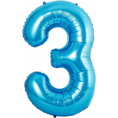 Cifre - Balon din Folie Metalizata Flippy, Figurina Cifra si Coroana, Tema Aniversare 100 cm, Ambalaj Individual, Pai inclus, Umflare cu Aer sau Heliu, Albastru, Cifra 3