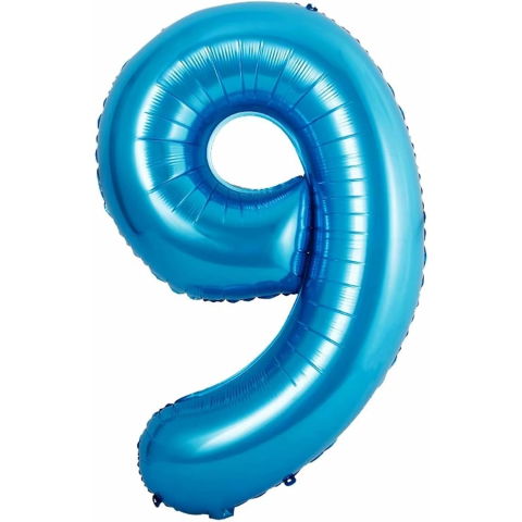 Cifre - Balon din Folie Metalizata Flippy, Figurina Cifra si Coroana, Tema Aniversare 100 cm, Ambalaj Individual, Pai inclus, Umflare cu Aer sau Heliu, Albastru, Cifra 9