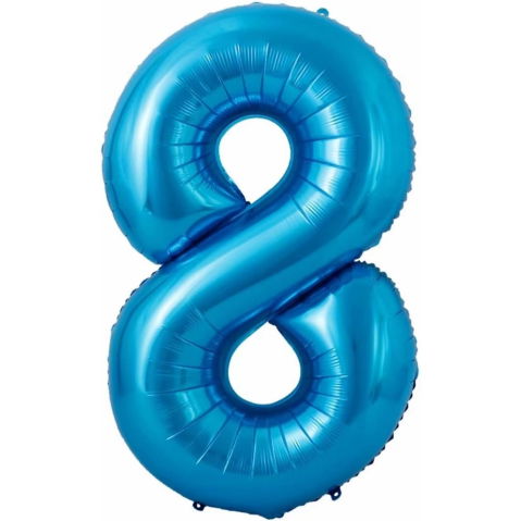Cifre - Balon din Folie Metalizata Flippy, Figurina Cifra si Coroana, Tema Aniversare 100 cm, Ambalaj Individual, Pai inclus, Umflare cu Aer sau Heliu, Albastru, Cifra 8