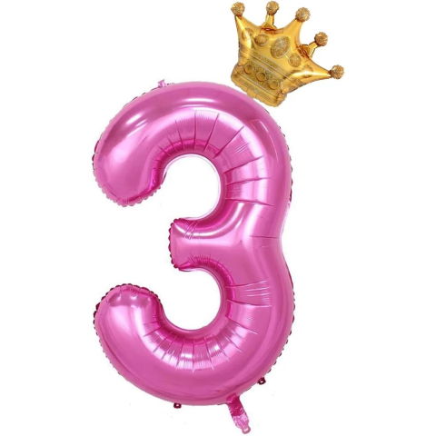 Cifre - Balon din Folie Metalizata Flippy, Figurina Cifra si Coroana, Tema Aniversare 100 cm, Ambalaj Individual, Pai inclus, Umflare cu Aer sau Heliu, Roz, Cifra 3