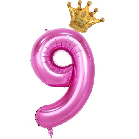 Cifre - Balon din Folie Metalizata Flippy, Figurina Cifra si Coroana, Tema Aniversare 100 cm, Ambalaj Individual, Pai inclus, Umflare cu Aer sau Heliu, Roz, Cifra 9