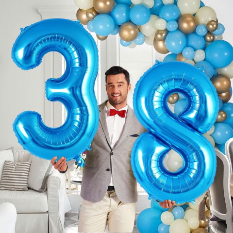 Cifre - Balon din Folie Metalizata, Flippy, Figurina Cifra, Tema Aniversare 100 cm, Ambalaj Individual, Pai inclus, Umflare cu Aer sau Heliu, Albastru, Cifra 3