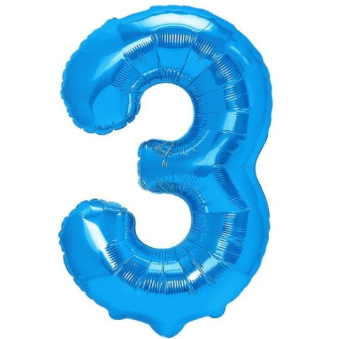 Cifre - Balon din Folie Metalizata, Flippy, Figurina Cifra, Tema Aniversare 100 cm, Ambalaj Individual, Pai inclus, Umflare cu Aer sau Heliu, Albastru, Cifra 3