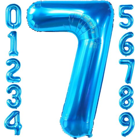 Cifre - Balon din Folie Metalizata, Flippy, Figurina Cifra, Tema Aniversare 100 cm, Ambalaj Individual, Pai inclus, Umflare cu Aer sau Heliu, Albastru, Cifra 7