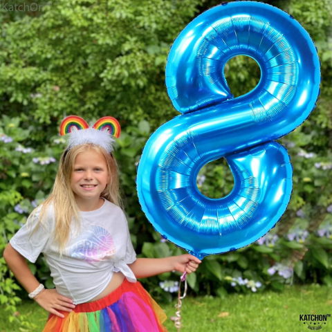 Cifre - Balon din Folie Metalizata, Flippy, Figurina Cifra, Tema Aniversare 100 cm, Ambalaj Individual, Pai inclus, Umflare cu Aer sau Heliu, Albastru, Cifra 8