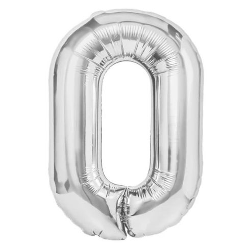 Cifre - Balon din Folie Metalizata, Flippy, Figurina Cifra, Tema Aniversare 100 cm, Ambalaj Individual, Pai inclus, Umflare cu Aer sau Heliu, Argintiu, Cifra 0