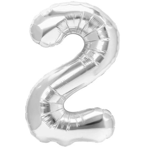 Cifre - Balon din Folie Metalizata, Flippy, Figurina Cifra, Tema Aniversare 100 cm, Ambalaj Individual, Pai inclus, Umflare cu Aer sau Heliu, Argintiu, Cifra 2