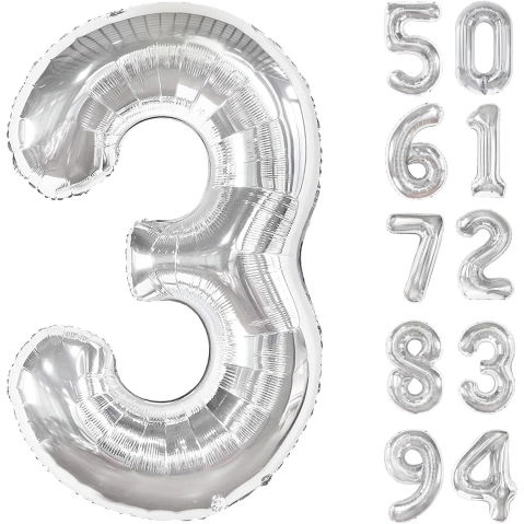 Cifre - Balon din Folie Metalizata, Flippy, Figurina Cifra, Tema Aniversare 100 cm, Ambalaj Individual, Pai inclus, Umflare cu Aer sau Heliu, Argintiu, Cifra 3