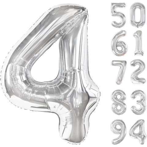 Cifre - Balon din Folie Metalizata, Flippy, Figurina Cifra, Tema Aniversare 100 cm, Ambalaj Individual, Pai inclus, Umflare cu Aer sau Heliu, Argintiu, Cifra 4
