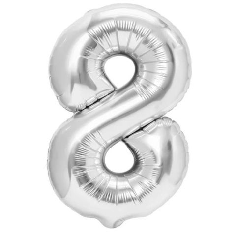 Cifre - Balon din Folie Metalizata, Flippy, Figurina Cifra, Tema Aniversare 100 cm, Ambalaj Individual, Pai inclus, Umflare cu Aer sau Heliu, Argintiu, Cifra 8