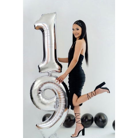Cifre - Balon din Folie Metalizata, Flippy, Figurina Cifra, Tema Aniversare 100 cm, Ambalaj Individual, Pai inclus, Umflare cu Aer sau Heliu, Argintiu, Cifra 9