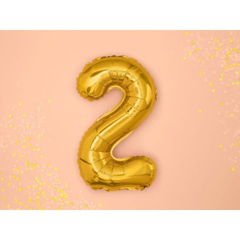 Cifre - Balon din Folie Metalizata Flippy, Figurina Cifra, Tema Aniversare 100 cm, Ambalaj Individual, Pai inclus, Umflare cu Aer sau Heliu, Auriu, Cifra 2