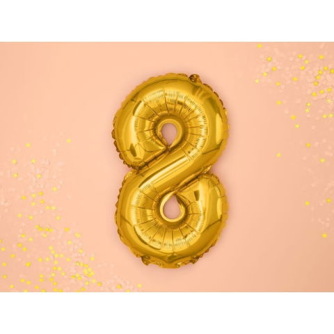 Cifre - Balon din Folie Metalizata Flippy, Figurina Cifra, Tema Aniversare 100 cm, Ambalaj Individual, Pai inclus, Umflare cu Aer sau Heliu, Auriu, Cifra 8