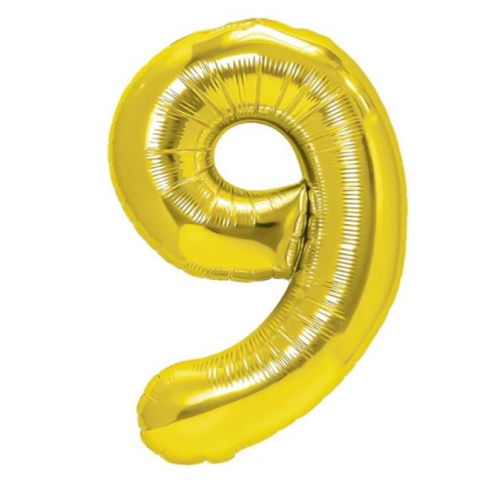 Cifre - Balon din Folie Metalizata Flippy, Figurina Cifra, Tema Aniversare 100 cm, Ambalaj Individual, Pai inclus, Umflare cu Aer sau Heliu, Auriu, Cifra 9
