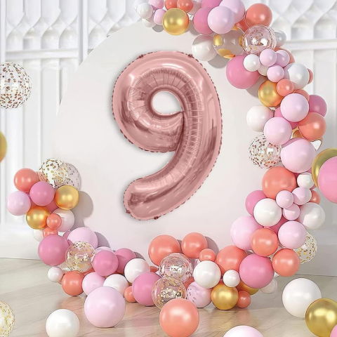 Cifre - Balon din Folie Metalizata Flippy, Figurina Cifra, Tema Aniversare 100 cm, Ambalaj Individual, Pai inclus, Umflare cu Aer sau Heliu, Coral, Rose Gold, Cifra 9