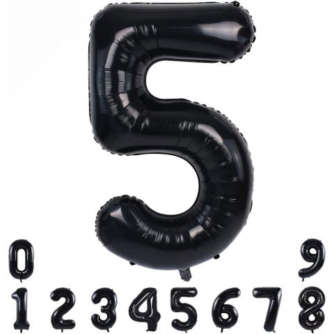 Cifre - Balon din Folie Metalizata, Flippy, Figurina Cifra, Tema Aniversare 100 cm, Ambalaj Individual, Pai inclus, Umflare cu Aer sau Heliu, Negru, Cifra 5