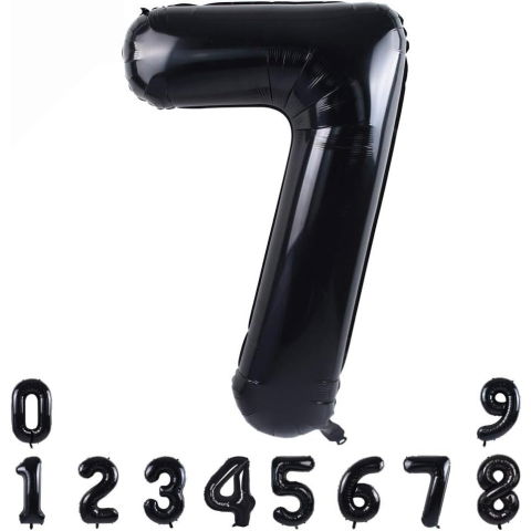 Cifre - Balon din Folie Metalizata, Flippy, Figurina Cifra, Tema Aniversare 100 cm, Ambalaj Individual, Pai inclus, Umflare cu Aer sau Heliu, Negru, Cifra 7