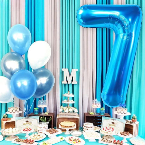 Cifre - Balon din Folie Metalizata Flippy, Figurina Cifra, Tema Aniversare 40 cm, Ambalaj Individual, Pai inclus, Umflare cu Aer sau Heliu, Albastru, Cifra 7