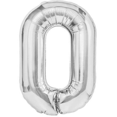 Cifre - Balon din Folie Metalizata, Flippy, Figurina Cifra, Tema Aniversare 40 cm, Ambalaj Individual, Pai inclus, Umflare cu Aer sau Heliu, Argintiu, Cifra 0