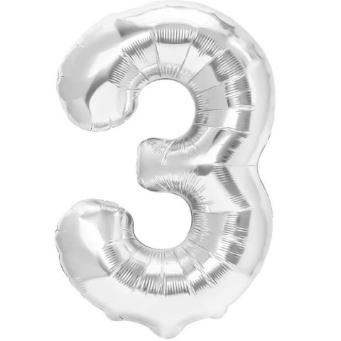 Cifre - Balon din Folie Metalizata Flippy, Figurina Cifra, Tema Aniversare 40 cm, Ambalaj Individual, Pai inclus, Umflare cu Aer sau Heliu, Argintiu, Cifra 3