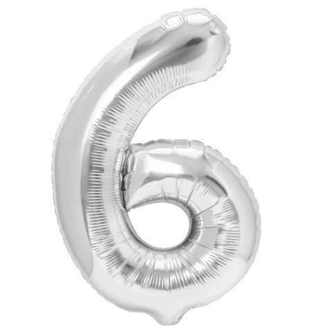 Cifre - Balon din Folie Metalizata Flippy, Figurina Cifra, Tema Aniversare 40 cm, Ambalaj Individual, Pai inclus, Umflare cu Aer sau Heliu, Argintiu, Cifra 6